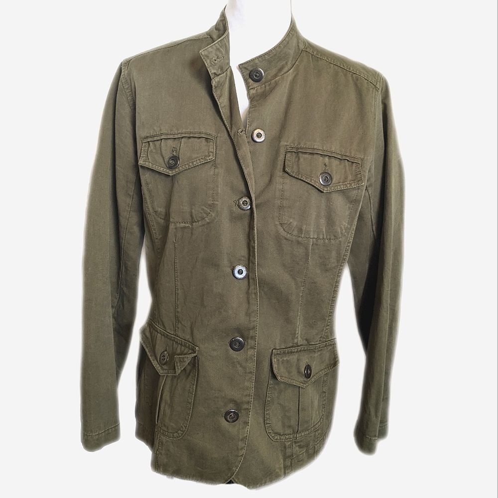 Chico's army green button up round neck utility jacket, cotton, Chico's size 1